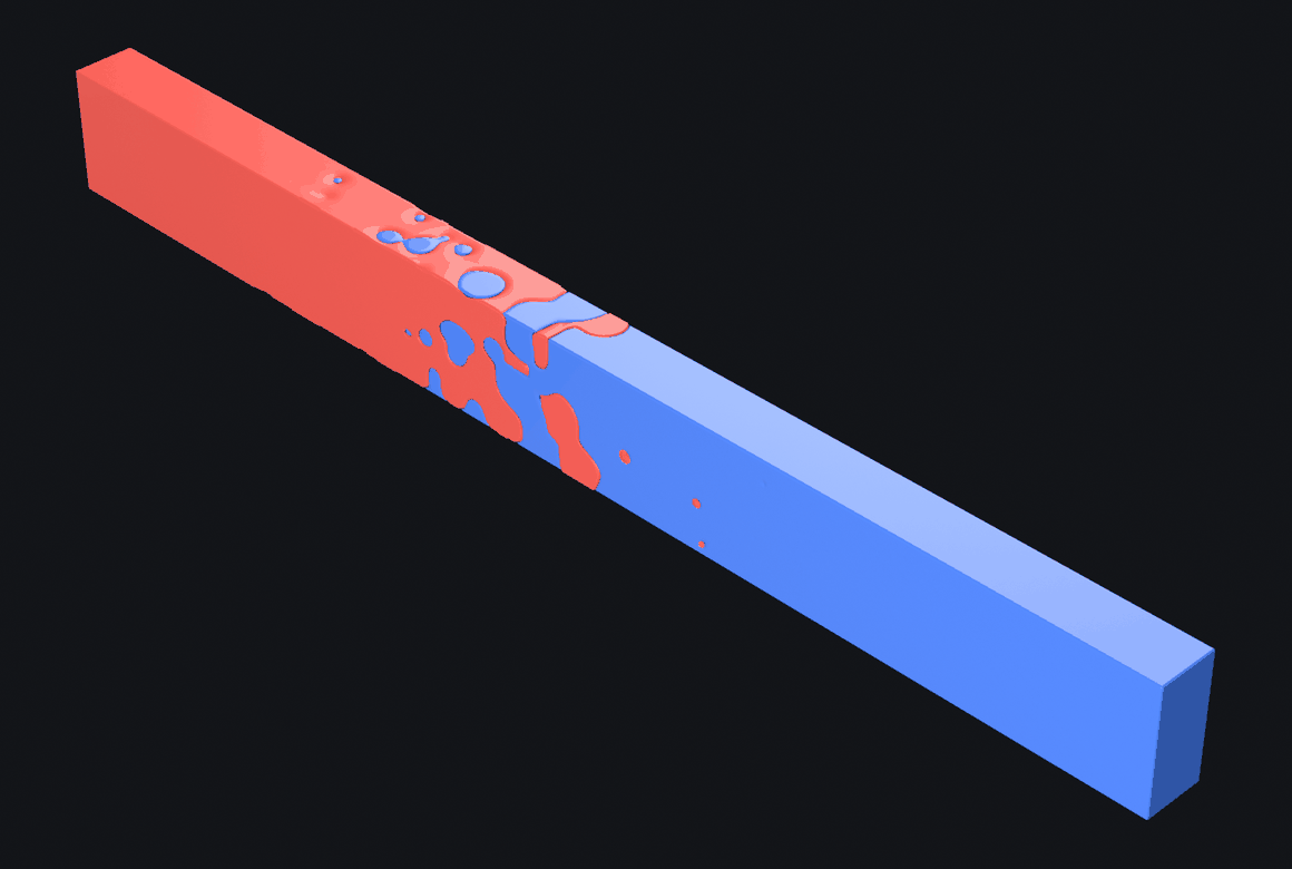 Isometric render of a bar that is solid red at one end and solid blue at the other, with the two materials dispersed into each other across the middle