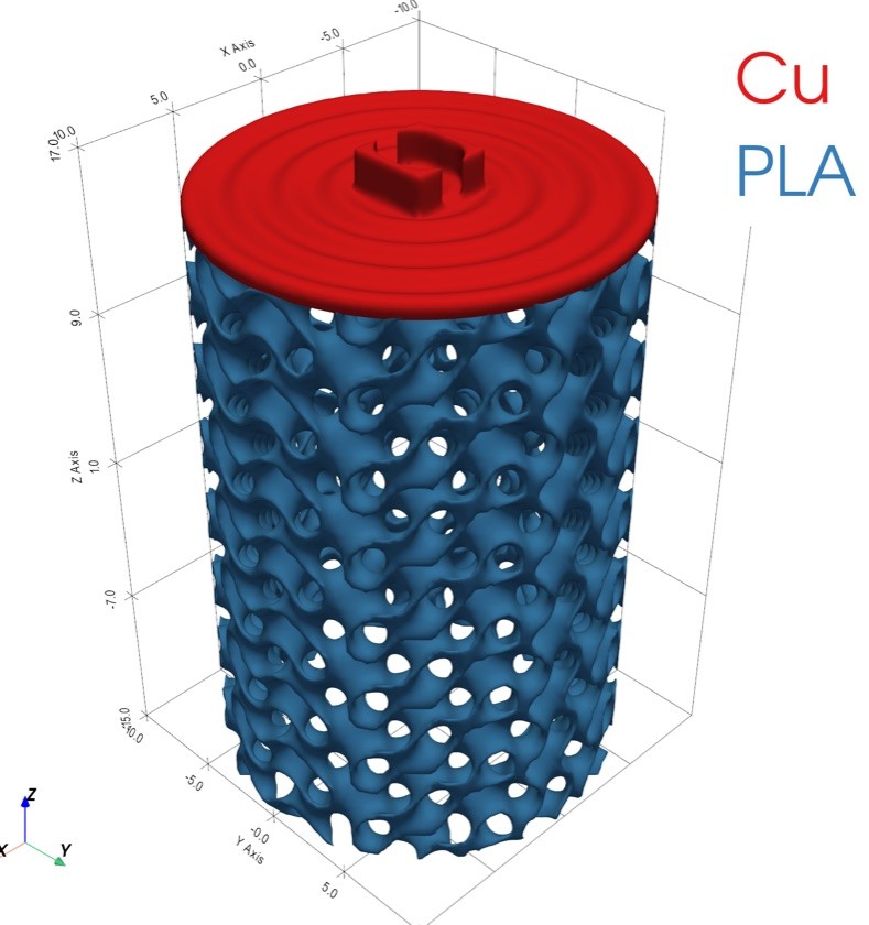 Render of a multi-material hollow cylinder: a red copper top disk with a hinge over a blue PLA shell with gyroid lattice infill